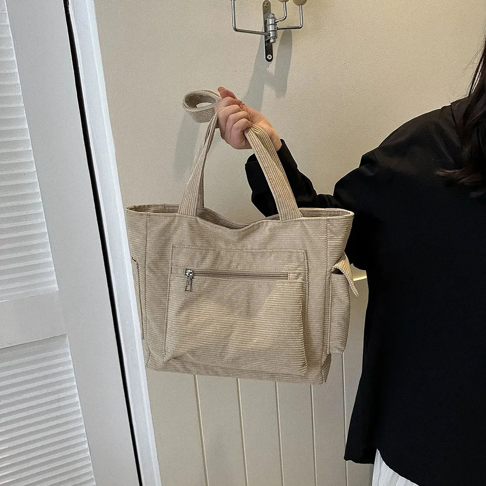 Bolso de mano a la moda para mujer, bolso de hombro con cremallera de gran capacidad, bolso Hobo de pana con bolsillo exterior, bolso de compras ligero y versátil 240106