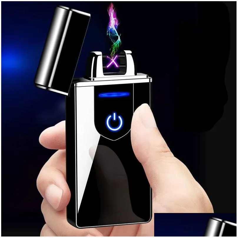 Lighters Windproof Usb Electric Lighter Metal Finger Print Touch Fire Plasma Dual Arc Led Power Display Smoking Supply Mens Gift Drop Otnj4