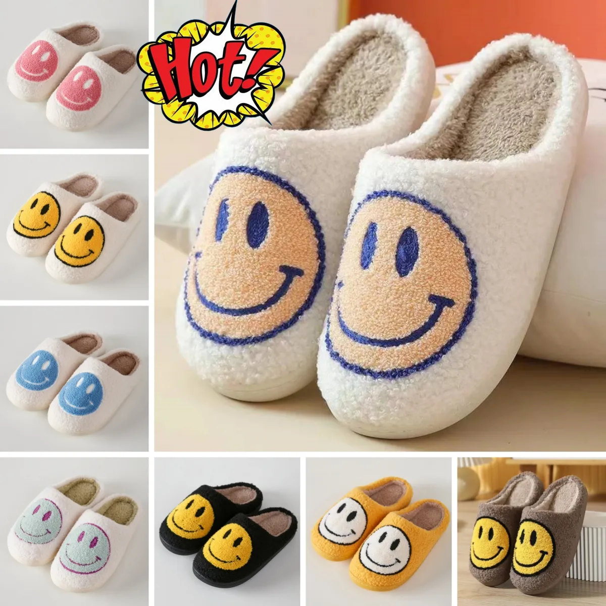 Hot sale Winter Women Smiley Slippers Fluffy Faux Fur Smile Face Household Soft Shoes for Indoor Female Outdoor