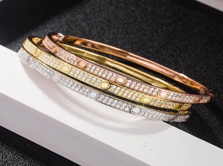 Fashion Full Diamond Bangle Stainless Steel Open Cuff Bracelet for Women Men Two Row Stone Bangles 3 Colour Selct Gold Silver Rosy3656577