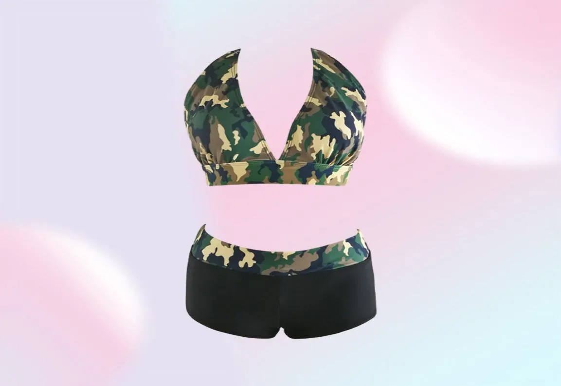 2017 novo sexy conjunto de biquíni halter banho feminino push up maiô camuflagem impressão praia fatos de banho qp02087419925