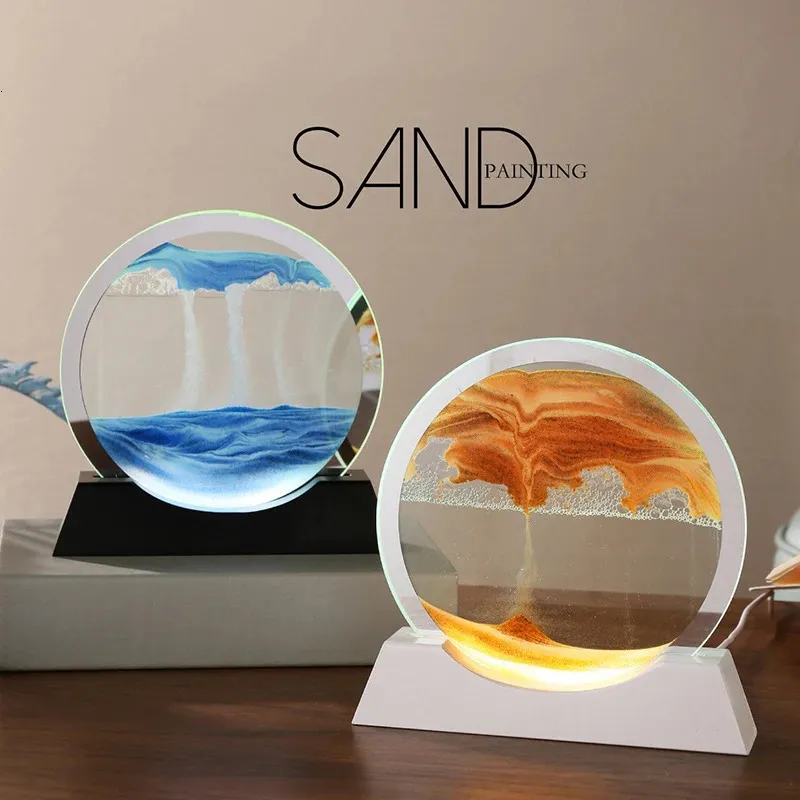 Sable en mouvement Art avec éclairage LED Quicksand veilleuse 3D sablier lampe de Table lampes de chevet peinture décor à la maison cadeaux 240106