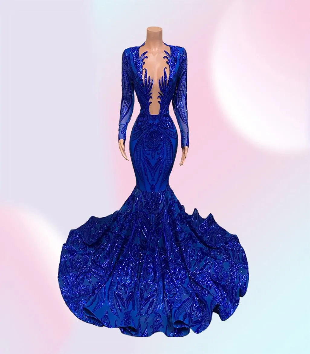 2022 Royal Blue Mermaid Prom Dresses Sparkly Lace paljetter Långärmar svarta flickor Afrikansk kändis kvällsklänning B04087338115