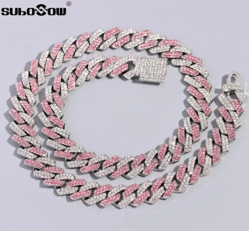 Chains Rhombus Prong Cuban Chain Pink Crystal Necklace For Men Women Rhinestones Paved Iced Out Hip Hop JewelryChains ChainsChains9690960