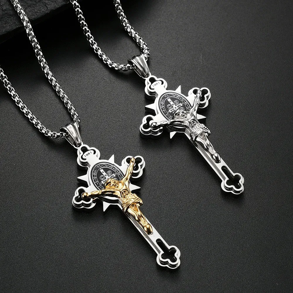 Collier Vintage avec pendentif croix de jésus catholique pour hommes, Punk, mode motard, amulette, or jaune 14 carats, bijoux cadeau
