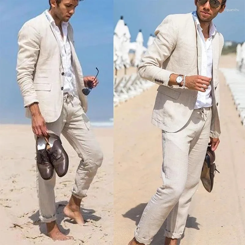 Herrar Summer strand linnor män bröllop groom prom klänning kostym homme terno masculino smala fit kläder 2 st jacka byxor