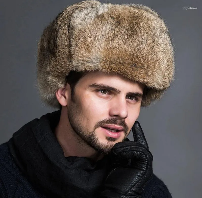 Berets Russische Männliche Männer Warme Pelz Bomber Hüte Solide Verdicken Earflap Caps Leifeng Schnee Wärmer Winter Herbst Mode Hut