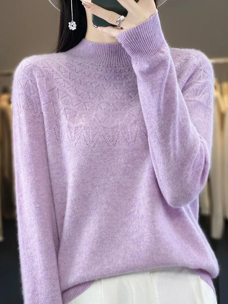 Fashion Spring Long Sleeve Women Knitted Sweater 100% Merino Wool Mock Neck Pullover Clothing Knitwear Basic Jumper Tops 240105