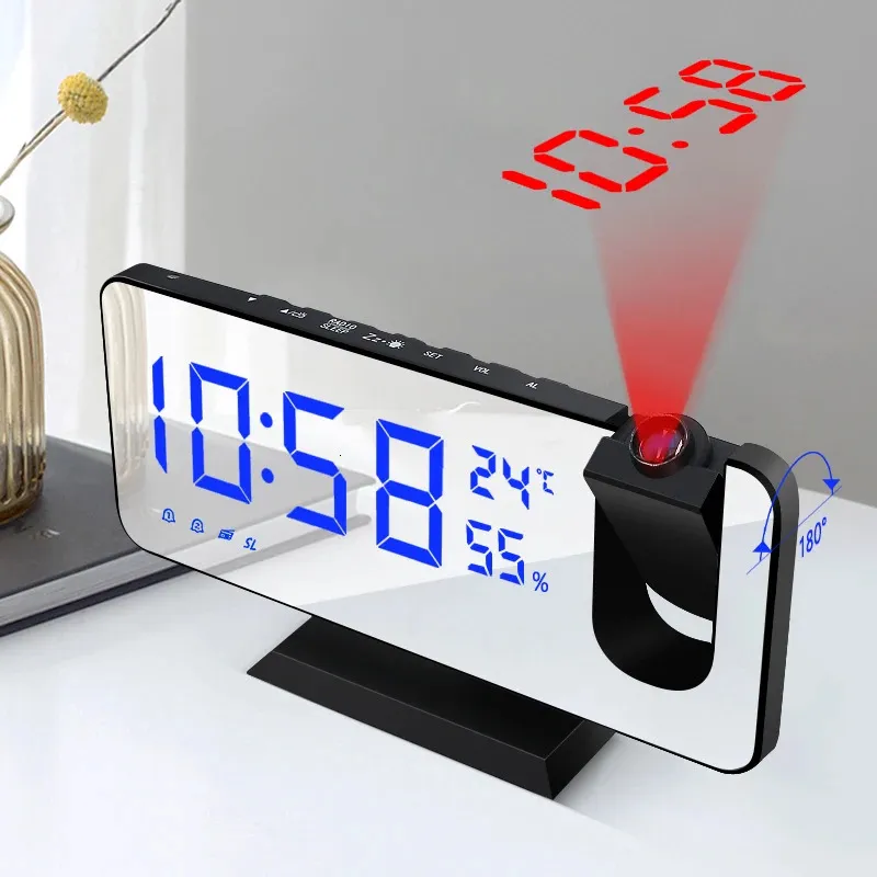 LED Digital Alarm Clock Table Titta på elektroniska skrivbordsklockor USB Vakna FM Radio Time Projector Snooze Funktion 2 Alarm 240106