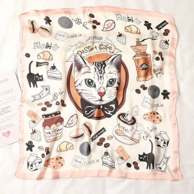 Sjaals 70 cm * 70 cm Zijden Vierkante Sjaal Vrouwen Cartoon kat Tas Print Foulard Grote Hijab Bandana Dame Halsdoek Hoge Kwaliteit Zijden Sjaal FJ095 J240106