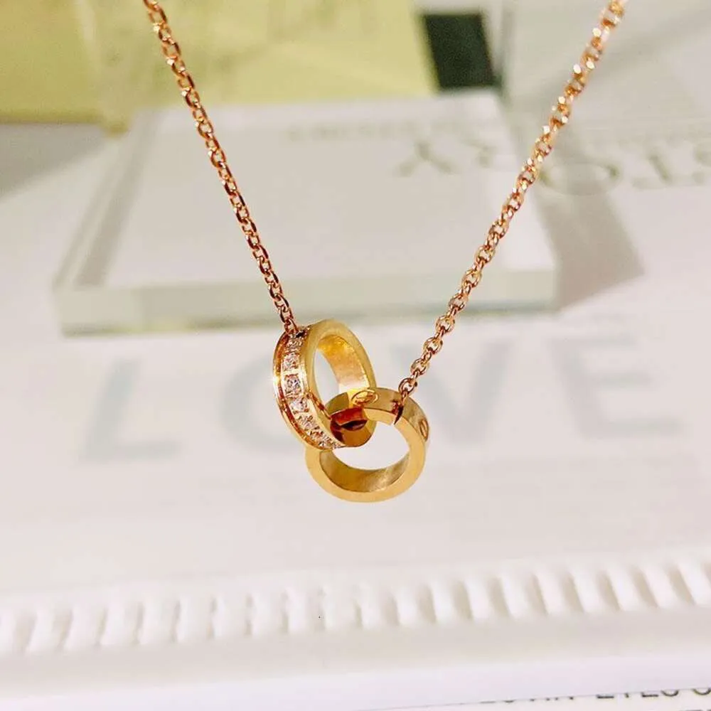 luxe designer sieraden klassieke titanium stalen dubbele ring ketting rosé goud met diamanten mode hanger nobele kraag ketting Valentijnsdag cadeau