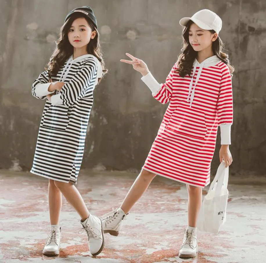 Primavera Autunno Ragazze Felpa Abito in cotone Principessa Felpe con cappuccio Vestiti a righe Da 10 a 12 anni Moda Abbigliamento per ragazze della scuola per adolescenti9382711