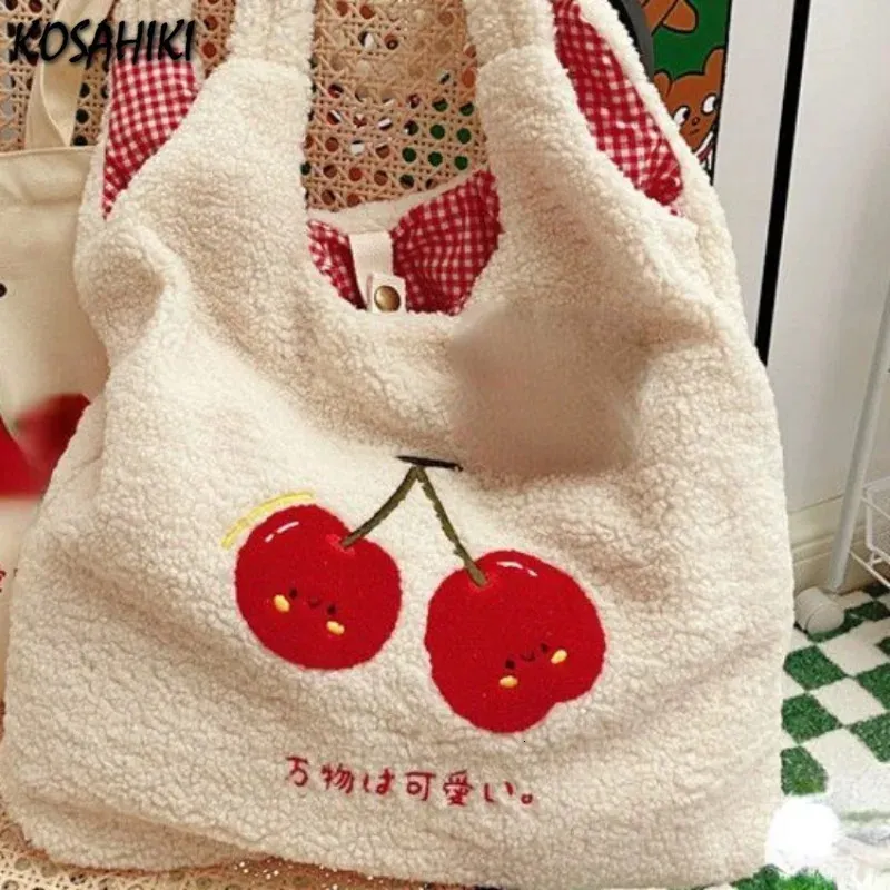 Women Casual Shopping Bag Korean High-capacity Kawaii Cherry Fluffy Underarm Bags All Match Sweet Girls Y2k Shoulder Handbags 240106