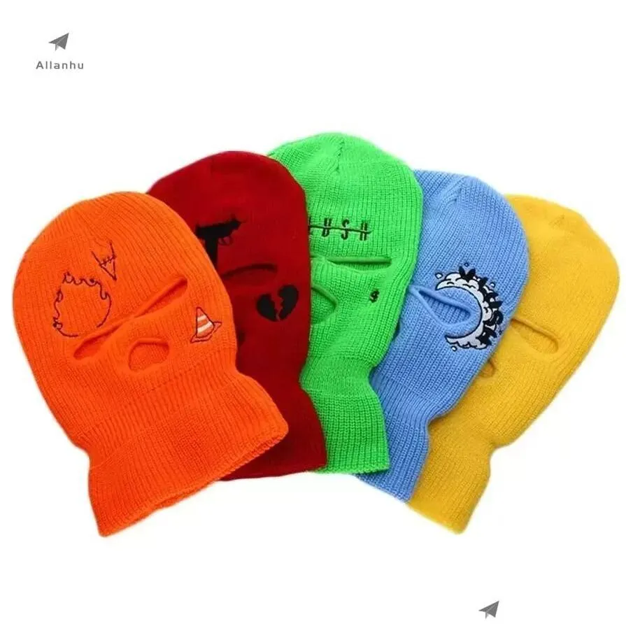 Party Masks Custom Design Embroidery Clava Motorcykel 3 Hål FL FACE KNIT SKI MASK BEANIE HATBEANIE Drop Delivery Home Garden Festive DHWGD