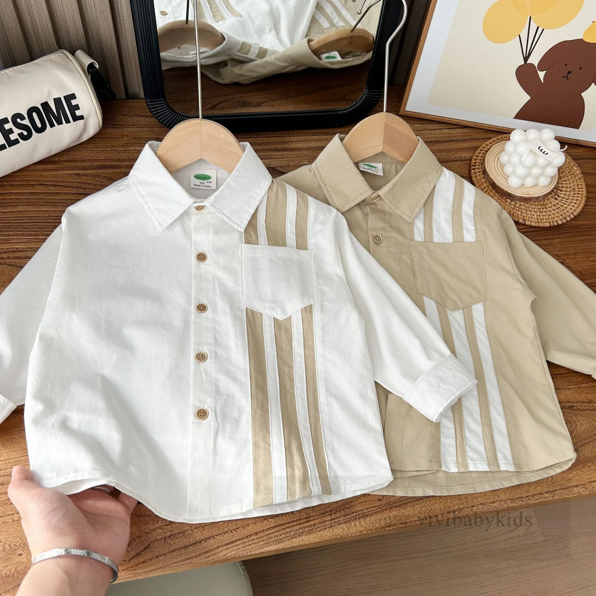 2024 primavera meninos listra vertical camisa crianças lapela único breasted manga longa camisa crianças lavar algodão macio roupas casuais z6545