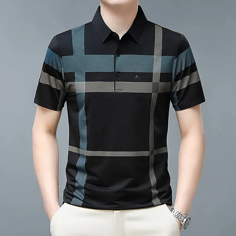 Polo Shirts for Men Summer Short Sleeve Tshirt Striped Plaid Letter Printing Button Loose Large Comfort Fashion Casual Tops 240106