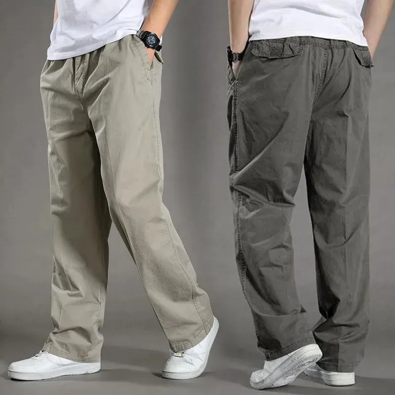 Mens casual Cargo Cotton pants men pocket loose Straight Pant Elastic Work Trousers Brand Fit Joggers Male Super Large Size 240106