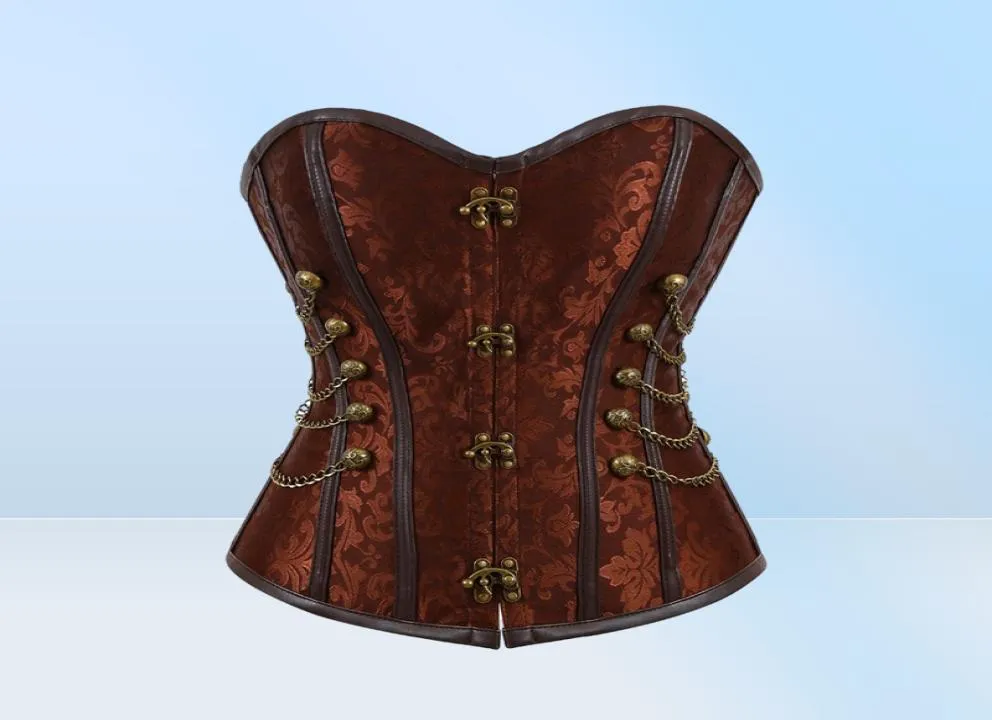 Women Vintage Steampunk Gothic PU Leather Panels Jacquard Overbust Corset Top with Chains and Buttons Accent S6XL Plus Size Brown7466613