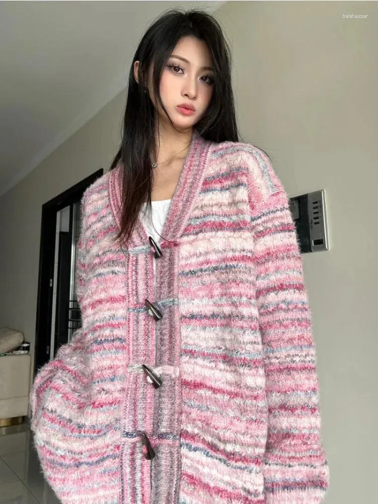 Women's Knits Y2K Striped Pink Sweater Cardigan Women Japanese Style Oversize Knit Top Korean Fashion Harajuku Lolita Jumper 2024