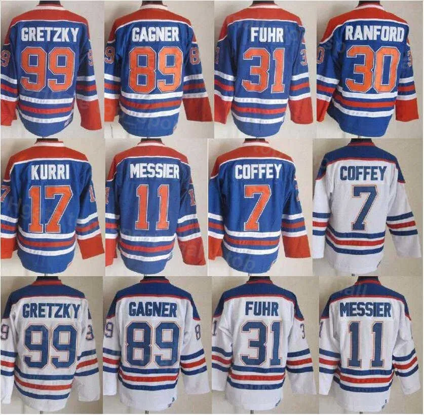 Hockey de glace rétro vintage 31 Grant Fuhr Jersey 99 Wayne Gretzky 11 Mark Messier 30 Bill Ranford 7 Paul Coffey 89 Sam Gagner 17 Jari Kurri