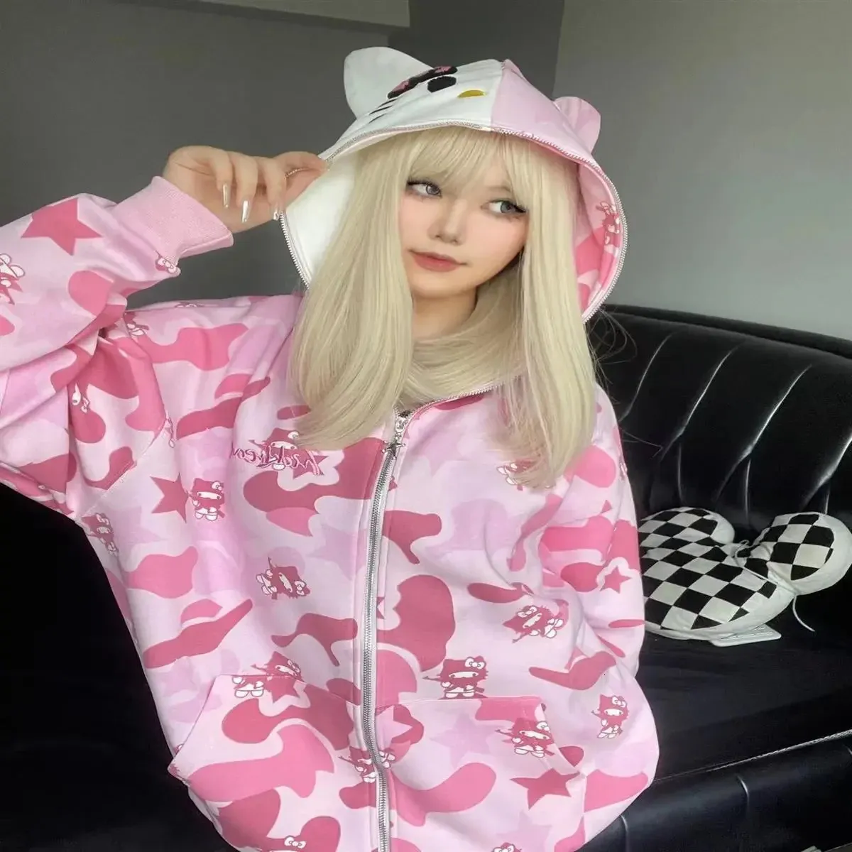 Japanska y2k kläder mångsidiga hoodies lapptäcke hoodie full zip kawaii kläder par harajuku katt öron dekoration kamouflage 240106