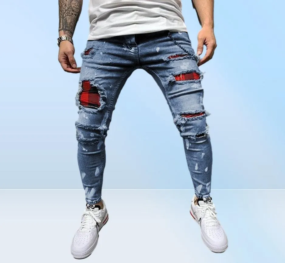 Homens cor pura grade jeans cinza retalhos designer hip hop calças fino ajuste elástico estilo hiphop lápis 2204088989106