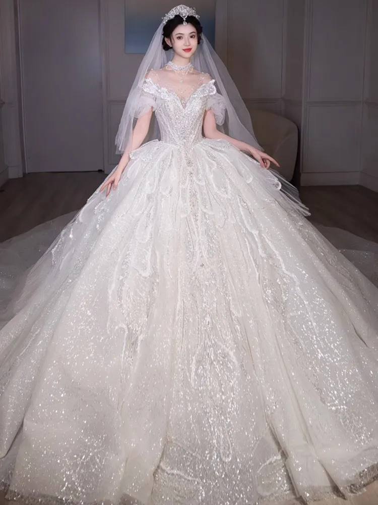 Arabic Dubai Customed most expensive wedding dress with Beading and Crystals, Off-Shoulder Design, Sweep Train, Scoop Neck, and Plus Size Option -