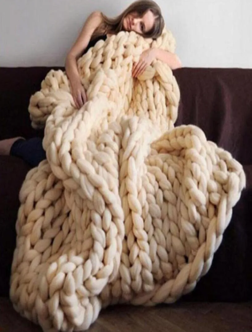 Fashion Hand Made Chunky Merino Wool Blanket Thick Big Yarn Roving Knitted Plaid Blanket Warm Throw Blanket For Sofa Plaid Cover L8879782