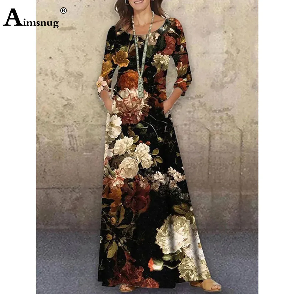 AIMSNUG Autumn Bohemian Flower Print Dresse LongSleeved Maxi Dress Overdimensionerad 3xl Ladies Vintage Aline Femme 240106