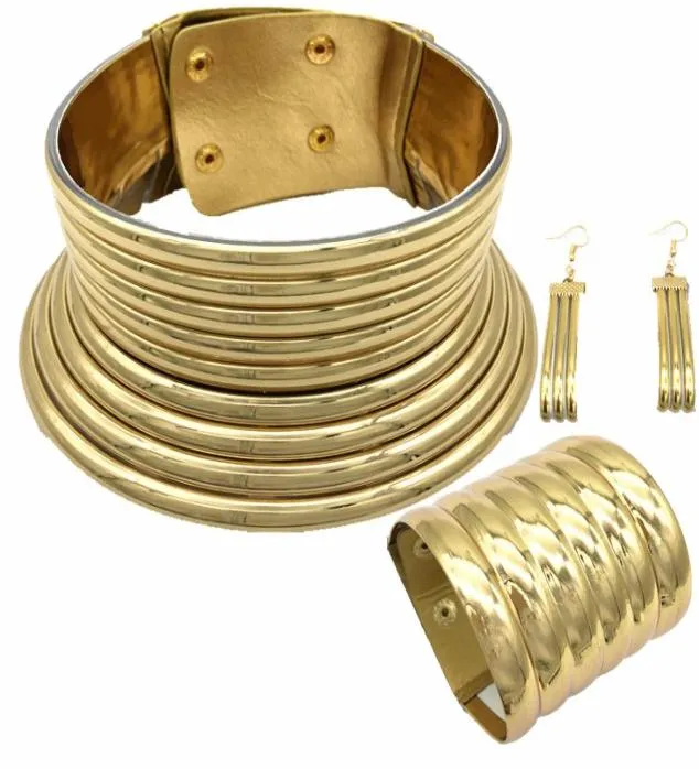 BK Choker Necklace Earrings and Bracelet Women Gold Color Leather Collar Maxi Necklace Chokers Big Jewelry Set5812692