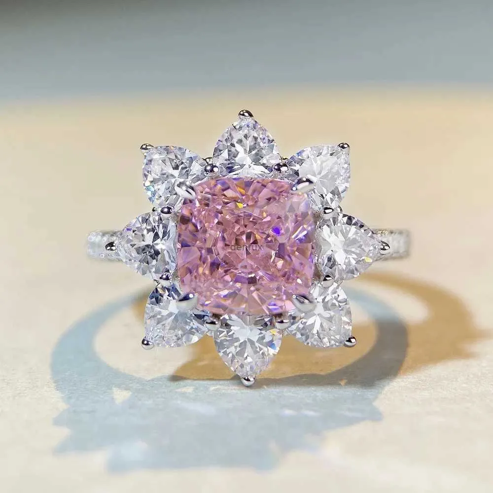 Anneaux de bande Fashion Rose Rose Zircon Anneaux Cluster Cushion Coup 925 STERLING SIGHT ENGAGING RINGS ZIRCON SINGS POUR LES FEMMES