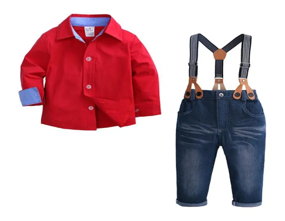 Kid Jongen Kleding Set 2 Stuks Rood Shirt Jean Broek Pak Outfit Leeftijd 2T7 Bib Overall Lange Mouw Kinderkleding herfst Franse Manchet T203478606