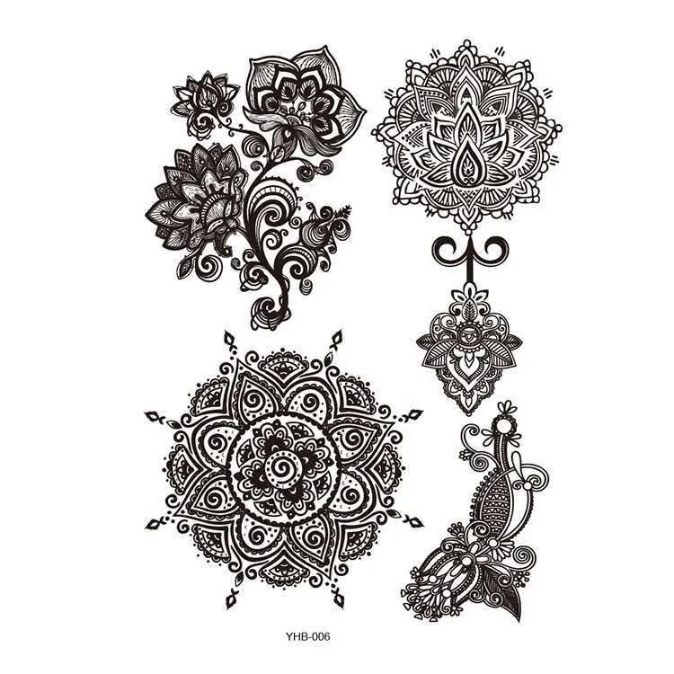Макияж Ханна кружевные черные татуировки наклейки, набор для печати с переносом воды на руки Брахмы Мандалы, имитация наклеек