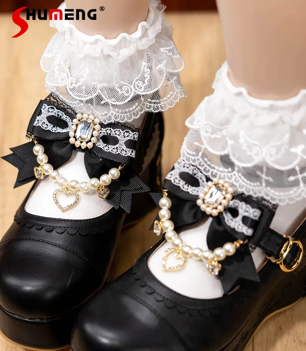 Japon sevimli inci zincir ayakkabı klibi lolita barrettes yan maden serisi seri üretilen çiftler atsetail başlık süslemesi 240106