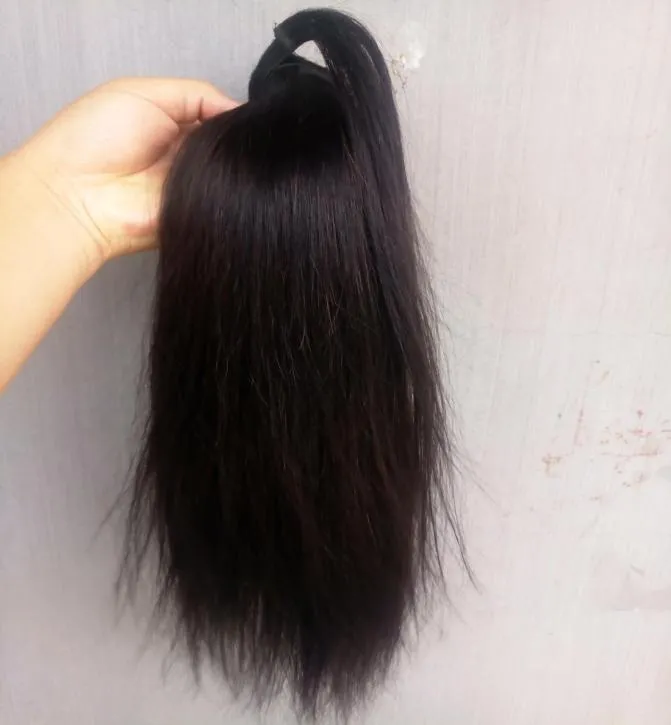 Ny ankomst brasiliansk mänsklig jungfru remy rak hästsvans hårförlängningar natrala svart färg 100g en bunt9078286