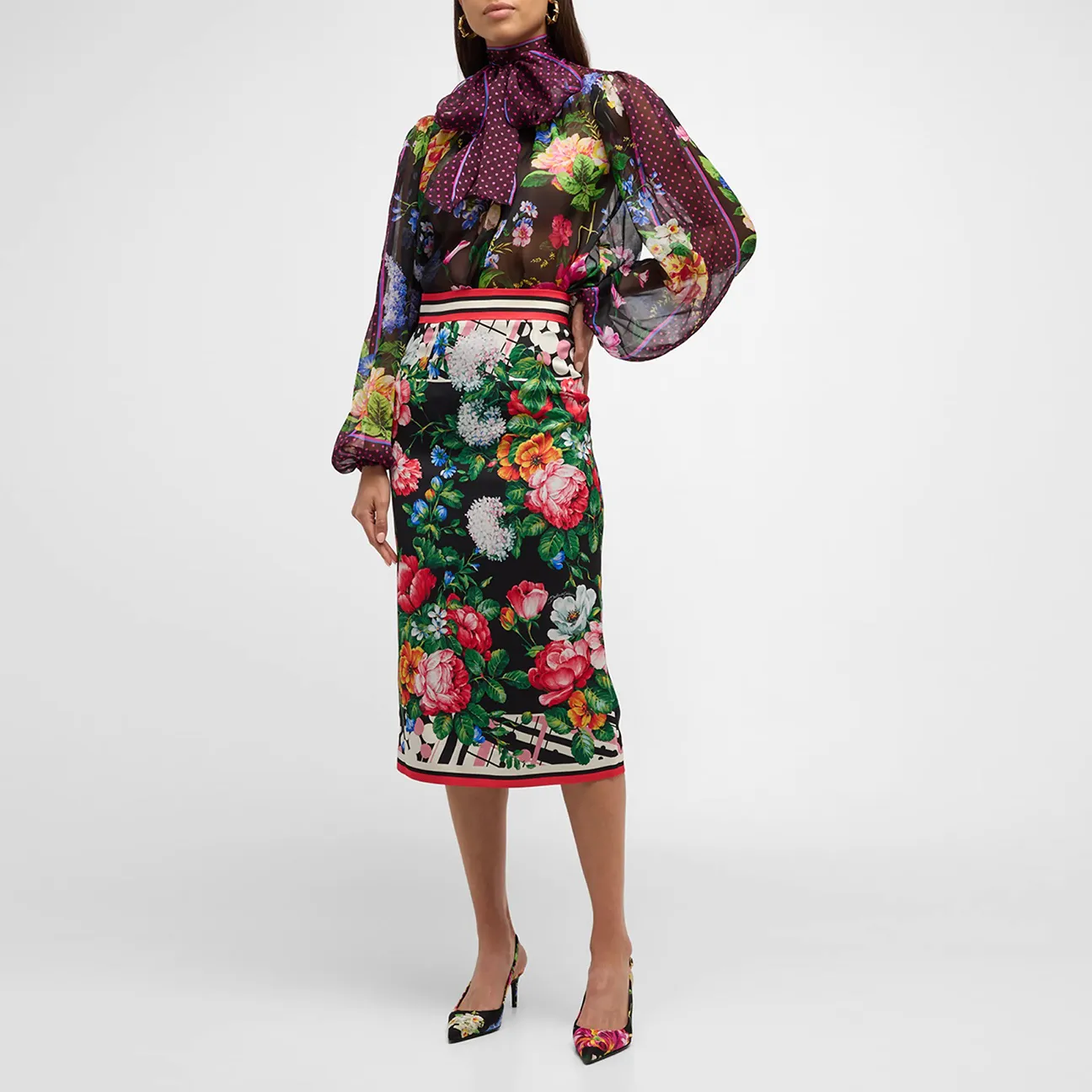 Платье из двух предметов, европейский модный ремешок, черный шелковый цветочный принт, топ с высоким воротником и длинными рукавами, комплект с юбкой-карандаш
