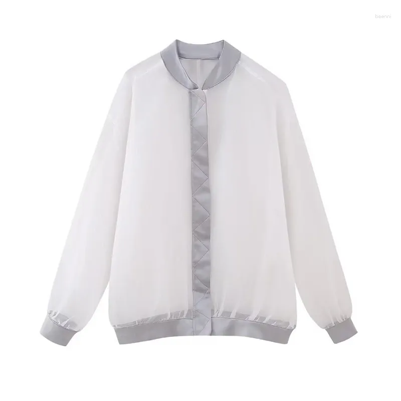 Women's Jackets 2024 Style Stand-up Collar Long-sleeved Loose Fashion Silk Satin Texture Transparent Mesh Bomber Jacket Coat Top