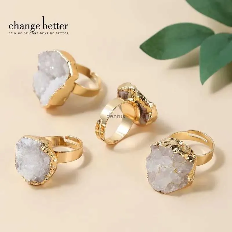 Bant halkaları daha iyi düzensiz doğal beyaz kuvars küme altın kaplama halkaları kadın geometrik kristal taş ayarlanabilir parmak ringl240105
