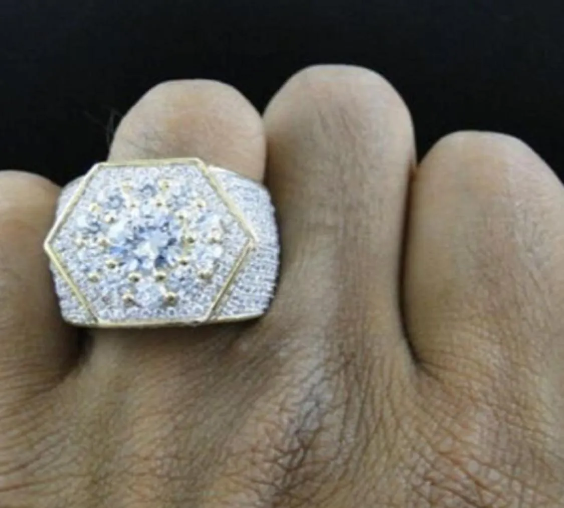 Whole Men039s Iced Out Cubic Zircon Bling Ring Gold Color Hexagon Full CZ Jewelry Micro Paved Iced Out Cubic Zircon Rings 9759445
