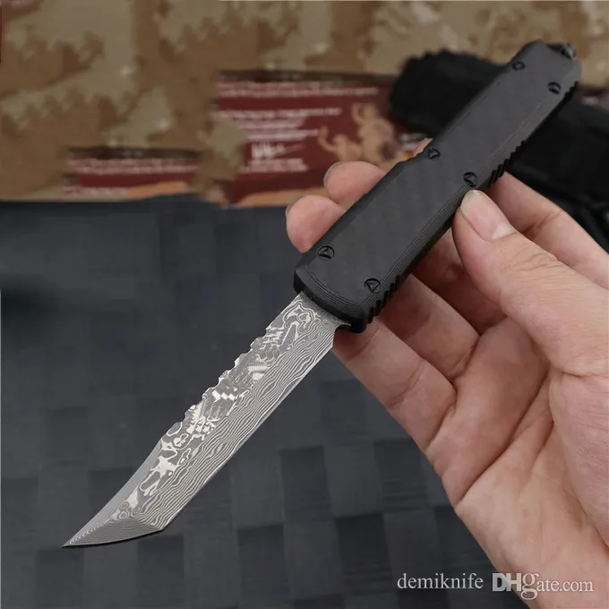 US Style UT88 Damascus Double Action Automatisk taktisk kniv från den främre 150-10 UT85 BM 3400 4600 9600 Kolfiber Aviation Aluminium Camping Pocket Knives Exocet