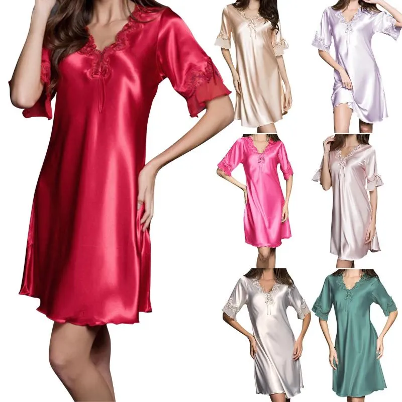 Robe de nuit en satin pour femmes, col en V, manches courtes, chemise de nuit en soie, dentelle, lingerie, 100 coton