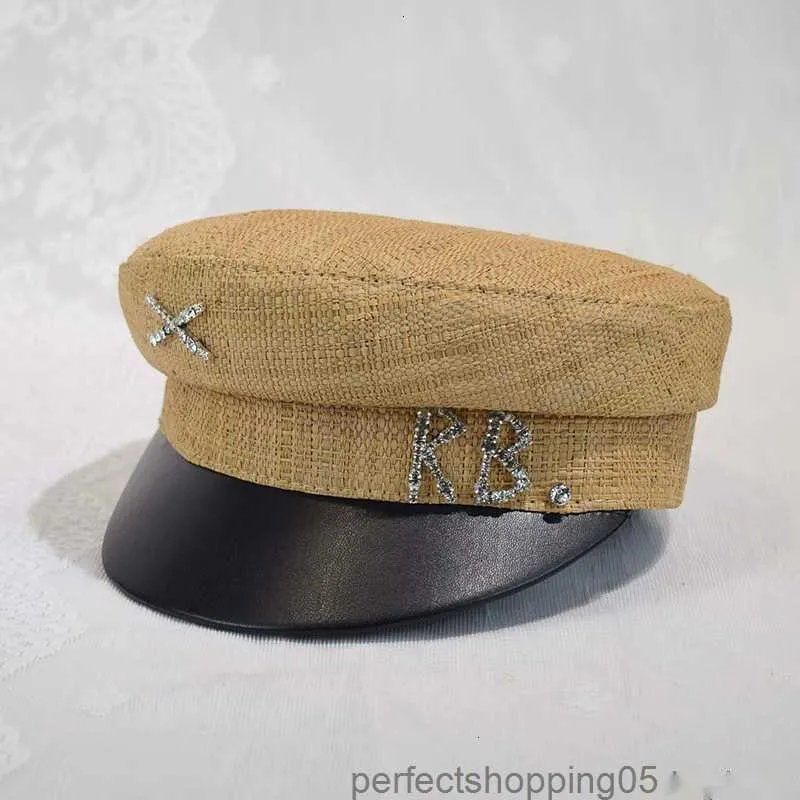 Berets Women Summer Breathable Straw Sboy Cap Flat Visor Diamond Letter Baker Boy Hatu51g