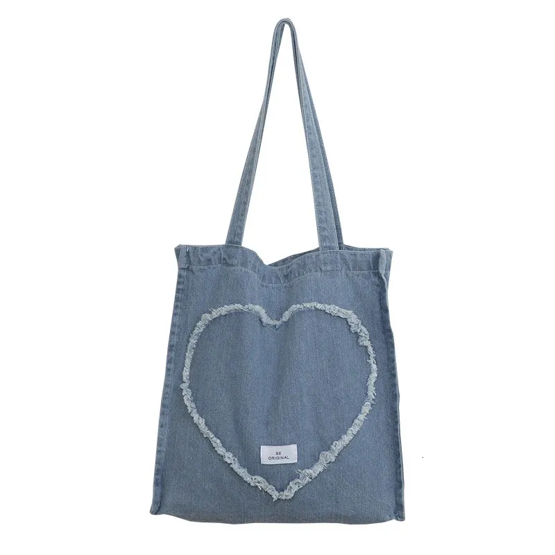 Rough Edge Denim Damen Umhängetasche Love Heart-Shaped Cloth Handtasche Große Einkaufstasche Female School Books Tote Eco Canvas Geldbörse 240106