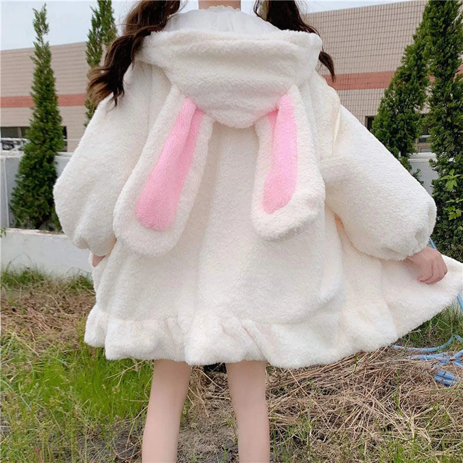 Kawaii Bluzy Kobiety lolita zima ciepła lambowola duża bluza śliczne króliczki uszy długie rękawie z kapturem kurtka z kapturem 240105