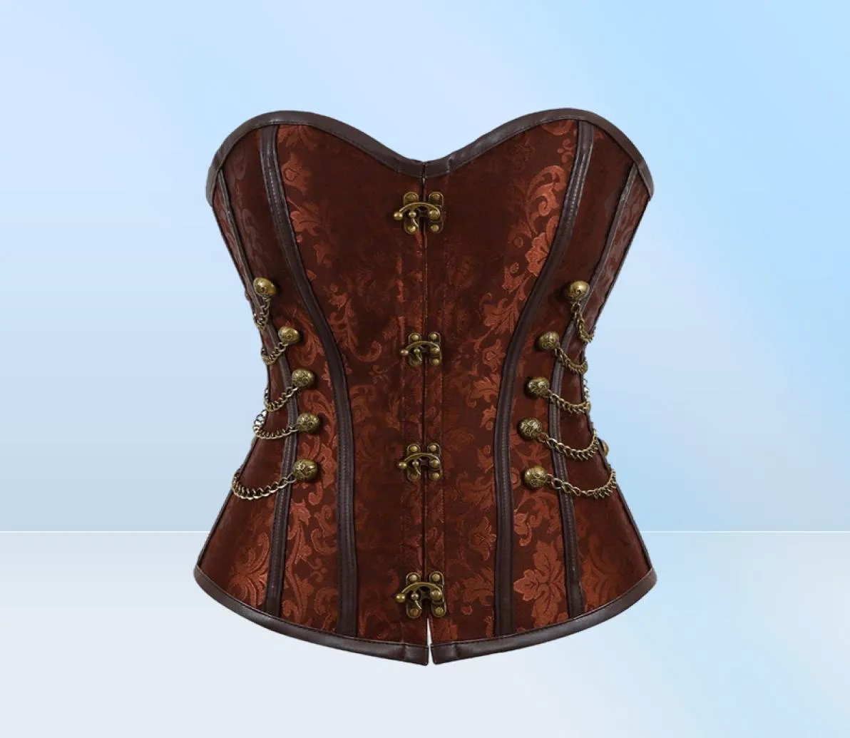 Women Vintage Steampunk Gothic PU Leather Panels Jacquard Overbust Corset Top with Chains and Buttons Accent S6XL Plus Size Brown4508226