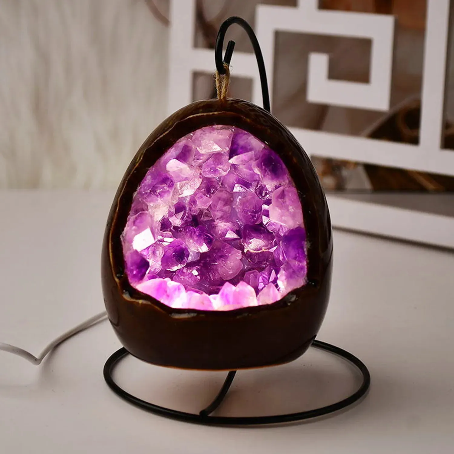 Natural Crystal Egg Shape Lamp USB LED Night Light Table Amethyst Cluster For Bedroom Home Decor Cretitive Gifts 240106