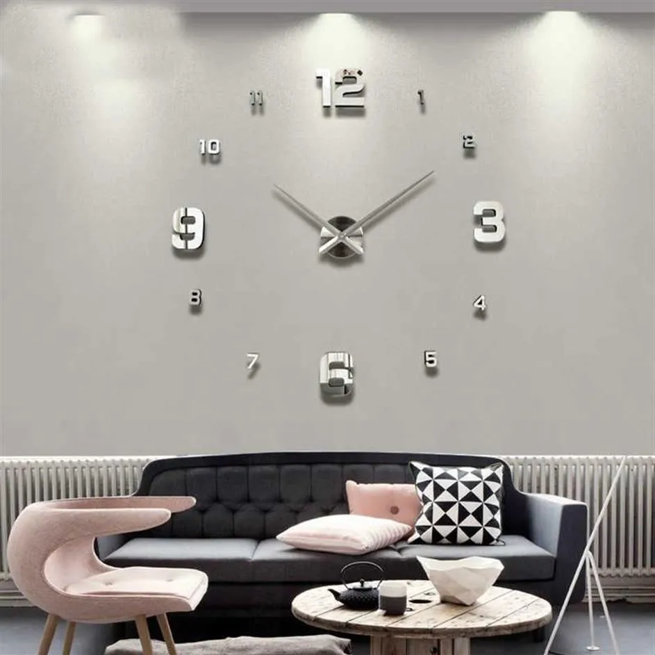2021 Horloge murale Salon Grande horloge murale DIY Quartz Horloges Montres Acrylique Miroir Autocollants Salon Décor maison horloge murale X294c