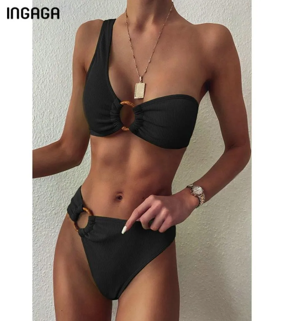 INGAGA Biquínis de um ombro Maiôs de cintura alta Mulheres de banho 2020 Preto Biquini Maiô Mulheres Verão Novo Anel Beachwear3438568