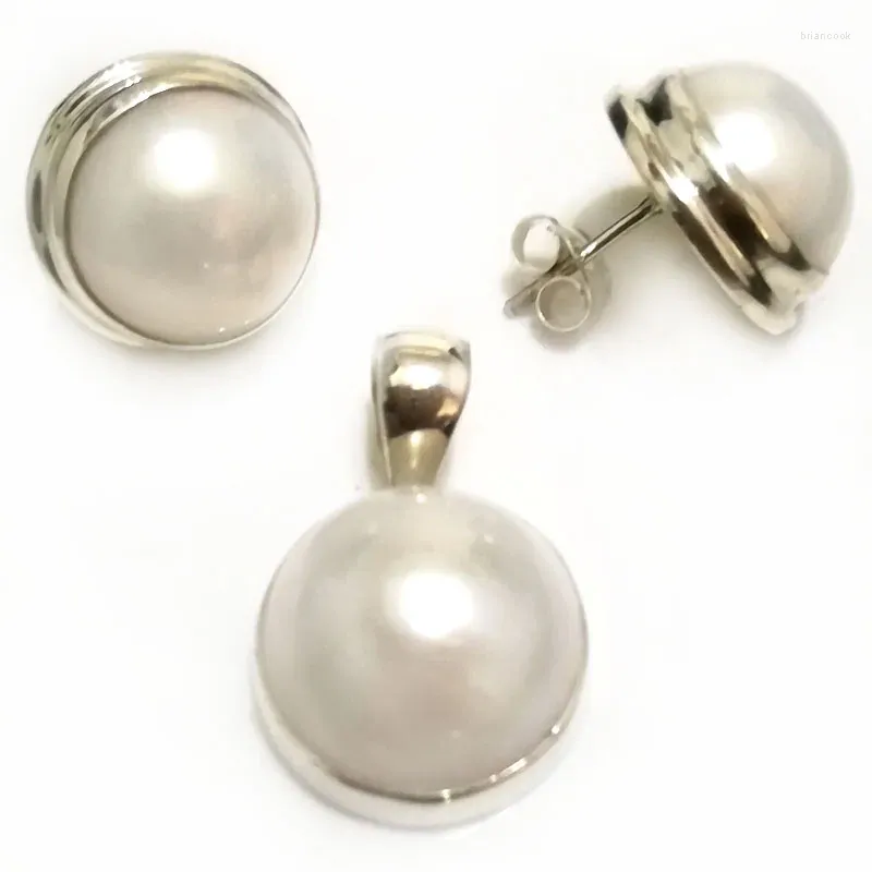 Kolczyki naszyjne Zestaw 16-17 mm naturalny okrągły biały Mabe Pearl 925 Srebrny srebrny wiszący biżuteria kolczyka