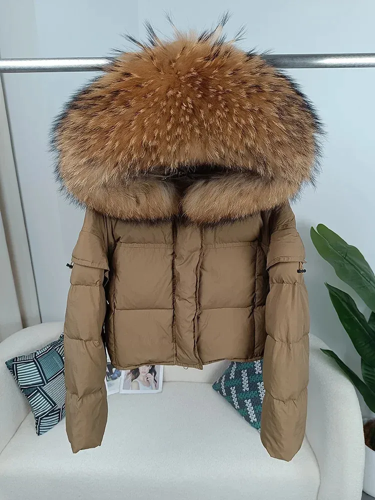 Oftbuy jaqueta de inverno feminina real pele de raposa gola de guaxinim com capuz destacável manga quente pato para baixo solto streetwear outerwear 240105